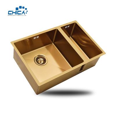 China Without Faucet Customized Topmount Stainless Steel Gold Color Double Bowl Handmade Kitchen Sink For Farmhouse for sale