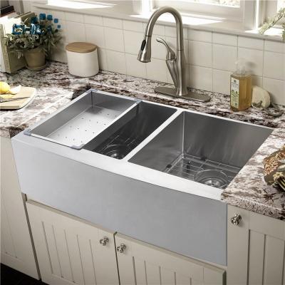 China Without Faucet SUS304 Stainless Steel Apron Front Double Bowl Handmade Kitchen Sink For Farmhouse House for sale