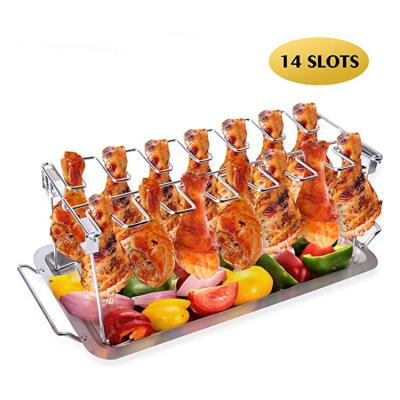 China 14 Slot Stainless Steel Rotisserie Vertical Rack Stand with Drip Pan Foldable Chicken Wing Leg Grill Rack for Smoker or Grill Oven for sale