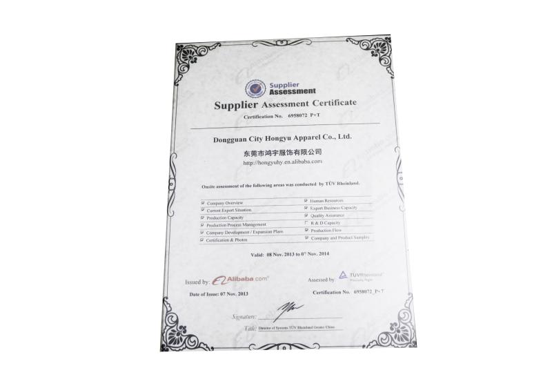 Supplier Assessment certificate - Dongguan City Hongyu Apparel Co., Ltd