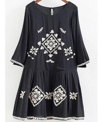 China A Line Neckline Black Floral Embroidered Midi Dress , Flower Embroidered Dress for sale