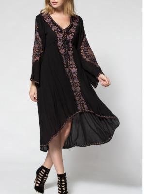 China Balck Lunging Neckline Dress With Embroidered Flowers , High Low Floral Embroidered Dress for sale