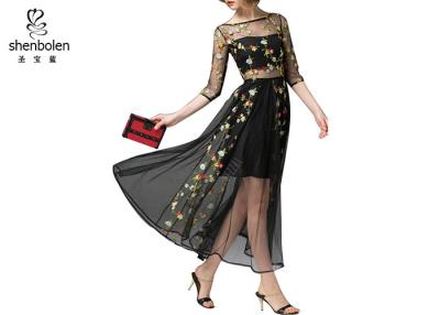 China Three Quarter Length Womens Embroidered Floral Dress Half Sleeve Sheer Swing for sale