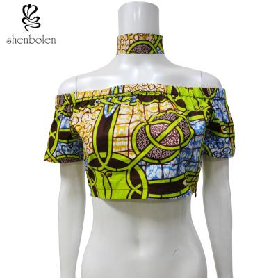 China Off Shoulder African Print Crop Tops With Choker 100 Percentage Cotton Printed for sale