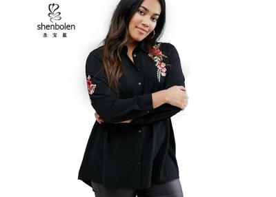 China Floral Embroidered Plus Size Ladies Shirts Clothing Black Color Long Sleeve for sale