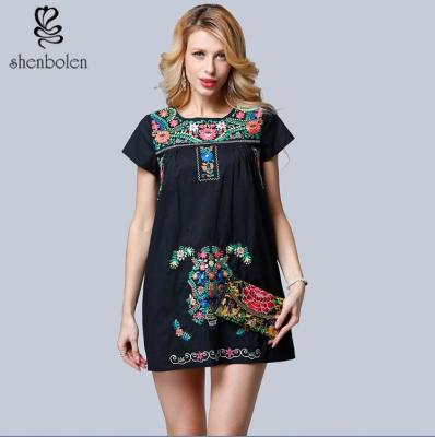 China Mini Length Womens Embroidered Floral Dress Short Sleeve Casual Dress for sale