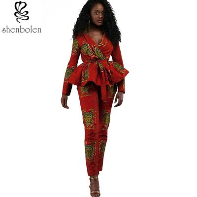 China African Women Clothing Ankara Wax  Printing Cotton 2 Woolly Long-Sleeved Jacket + Pants Suit for sale