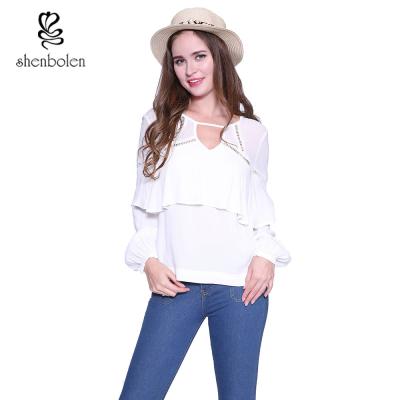 China Summer Fashion Ladies Chiffon Tops Hollow Out Pure Color Long Sleeve Elegant for sale