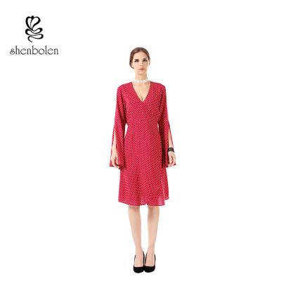 China Women Summer Casual Dresses New Wave Point Long Sleeve Split Dress For Lady for sale