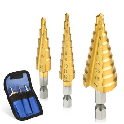 China 3Pcs/set 3-12mm 4-12mm 4-20mm HSS Spline Step Drill Bits Straight Titanium Bore Coated Metal Hole Wood Cutter Core Drilling Tool Kit for sale