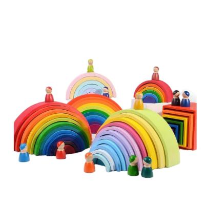 China Hot Selling Eco-friendly Toy Kids Colorful Wooden Rainbow Large Size 12pcs Montessori Educational Rainbow Bridge Stacking Toy Building Blocks for sale