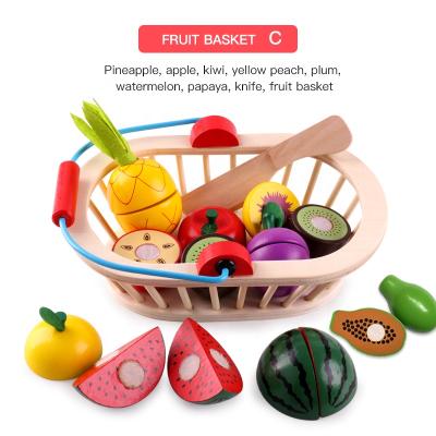 China Eco-Friendly Pretend Play Kitchen Food Wooden DIY Toys Cutting Fruit Vegetable Toys With Basket For Kids for sale