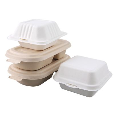 China Biodegradable Disposable Clamshell To Go Containers Hamburger Box Biodegradable Fiber Bagasse Fiber Leak Proof Paper No Printing Backing for sale