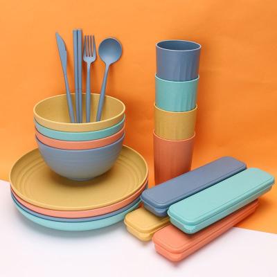 China Adult Wheat Straw Kitchen Household Minimalist 4Pcs Dishware Set Portable Reusable Kids Tableware Set Salad Soup Bowl Plate Fork Spoon Cup for sale