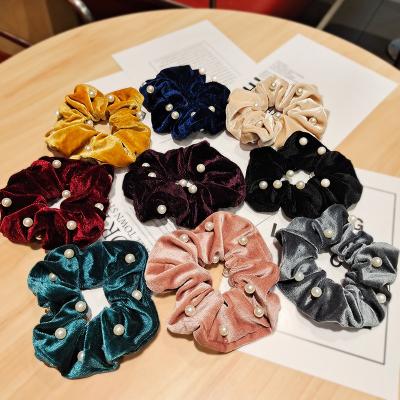 China Fashion Pure Color Velvet Pearl Large Intestine Hair Tie Elastic Hair Band Elastic Band for sale