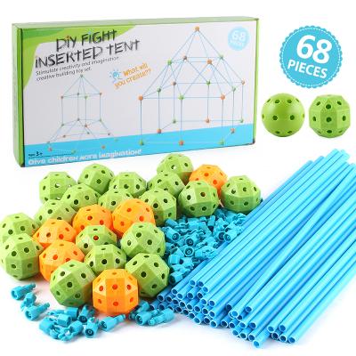 China ABS Plastic 68pcs DIY Assembly House Beaded Long Tent Sticks And Connecting Ball Castle Tunnels Toy Kids Construction Fort Building Kit for sale