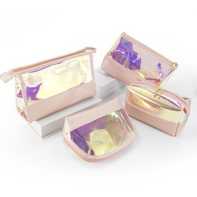 China Custom Pink Small Transparent Cosmetic Pouch Bag Fashion Organizer Laser Travel Holographic Makeup Bag Set for sale