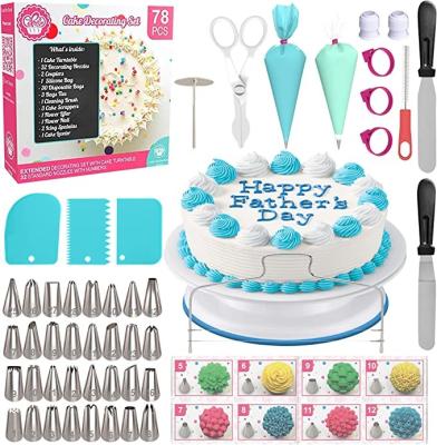 China Sustainable 78 Pcs Cake Decorating Kit With Rotating Turntable Stand, Icing Piping Tips Pastry Bags, Icing Spatula Smoother for sale