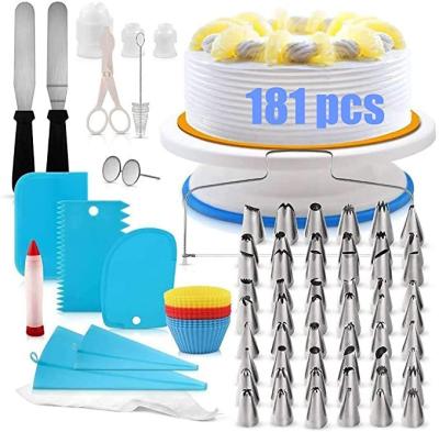 China Sustainable 181 Pcs Cake Decorating Kit With Rotating Turntable Stand, Icing Piping Tips Pastry Bags, Icing Spatula Smoother for sale