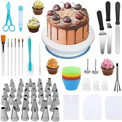 China Sustainable 178 Pcs Cake Decorating Kit With Rotating Turntable Stand, Icing Piping Tips Pastry Bags, Icing Spatula Smoother for sale