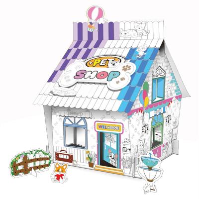 China LITTLE BEASTS STORE PORTABLE CARDBOARD COLORING HOUSE WITH 6 PENS for sale