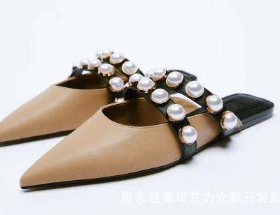 China ZA flat Muller flat shoes artificial pearl decoration style Baotou sandals women's single shoes spring 2022 new from the shallow beach of the same for sale