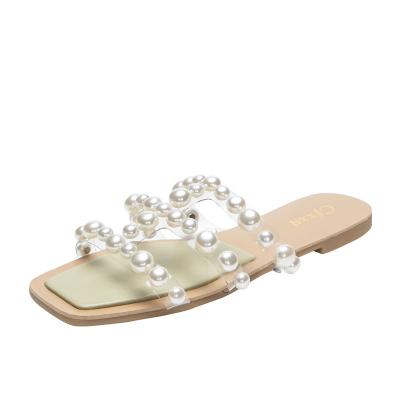 China 2021 new fashion factory direct female sandals anti-slip transparent flat pearl beach for sale