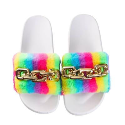 China 2021 New Fashion Rainbow Slippers Metal Slipper Plush Metal Chain Ladies Flat Slippers Damping for sale