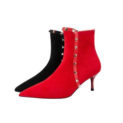 China European and American deodorization stiletto suede fashion pointed toe rivets sexy thin women's short boots for sale