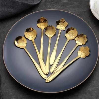 China Sustainable New Design Creative 6 Kinds Of Flower Shape Gold Coffee Stirring Spoon for sale