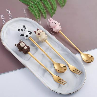 China Viable hot sale cute children stainless steel stock number cartoon fork fruit tableware mini spork for sale