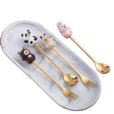 China Viable Hot Selling Cute Cartoon Fruit Shape Dessert Ice Cream Spoon Fork Kids Animal Mini Tableware for sale