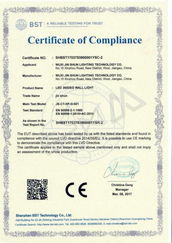 Certificate of Compliance - Wuxi Jinshun Lighting Technology Co.,Ltd