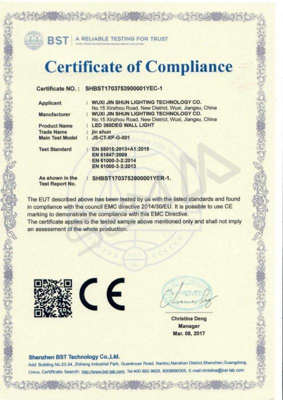 Certificate of Compliance - Wuxi Jinshun Lighting Technology Co.,Ltd