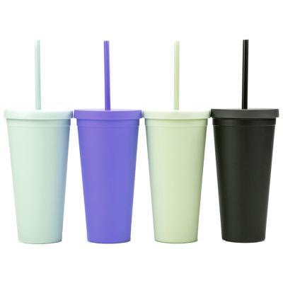 China Sustainable color double-layer plastic candy coffee cup water plastic frosted water cup bottle with straw for sale