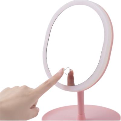 China Biumart Round Stand LED Touch Screen Dressing Table Mirror Vanity Transitional Makeup Mirror for Students for sale