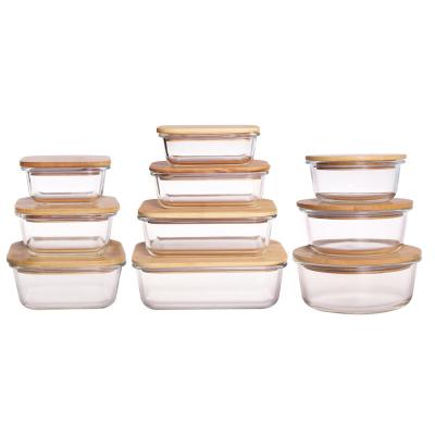 China Oven / Microwave / Dishwasher / Freezer Ahmohan Food Safe Containers Round Rectangular Square Glass Container Sets With Bamboo Lids for sale