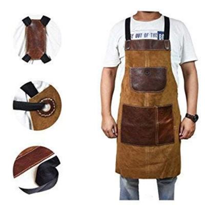 China Custom Made Swelder Welding Men's Work Chef Natural Genuine Leather Kitchen Apron With Strap for sale