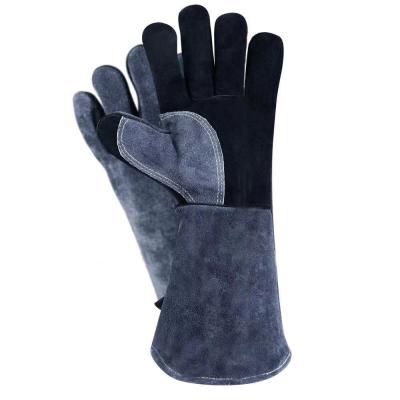 China Swelder Welded Split Cow Hide Leather With Aluminum Heat Insulate Thick Leather Barbecue Gloves for sale