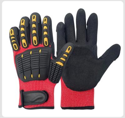 China Anti-impact Swelder 13gauge HPPE Liner Black Red Sandy Nitrile Coated Palm TPR Foam Cut Resistant Gloves With Reinforced Thumb Crotch for sale