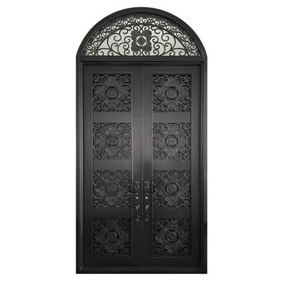 China Newest Artistic Wrought Iron Front Door Windproof Door Black Flower Iron Double Door à venda