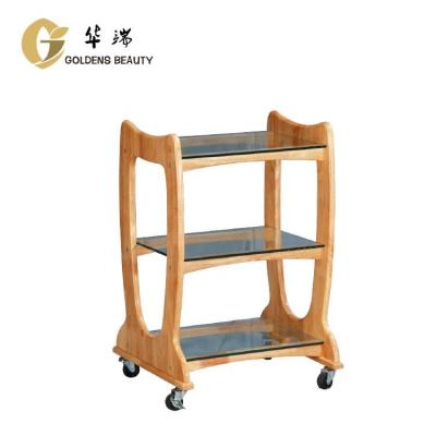 China Modern Rolling Serving Trolley Wood Frame Salon Equipment Hairdressing Trolley Storage Trolley for sale