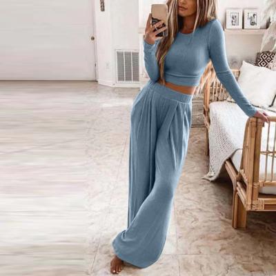 China Fashion Style Women's Pajamas Thermal Solid Ribbed Crop Top Wide Leg Lounge Wear Women's Sleepwear for sale