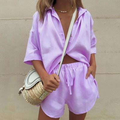 China QUICK DRY casual women summer beach shorts set solid shirt tops and mini loungewear shorts suit 2 piece set for sale