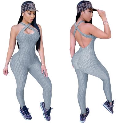 China Breathable QUICK DRY ribbed plus size jumpsuit high waist sports yoga knitted sleeveless skinny jumpsuit for sale