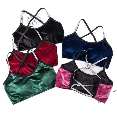 China New QUICK DRY French Velvet Bra Women Cross Back Vest Chest Wrap Ironed Diamond Strap Wire Free Sleep Crop Top Bra for sale