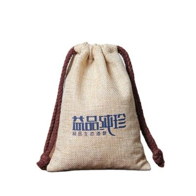 China Custom Small Hot Sale Eco-Friendly Small Eco-Friendly Logo Printed Pouch Burlap Hessian Drawstring Gift Bag With Handles for sale