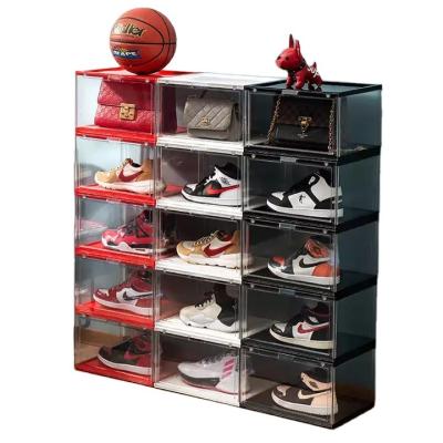 China Durable Clear Plastic Stackable Magnetic Shoe Organizer Storage Rack Boxes Sneaker Shoe Bins With Wheels For Cabinet for sale