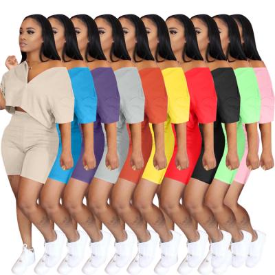 China High Quality Anti-pilling Summer V-Neck Solid Color Leisure Sexy Suit 2 Pcs Tracksuit Suits Two-Piece Shorts Set Women Clothing for sale