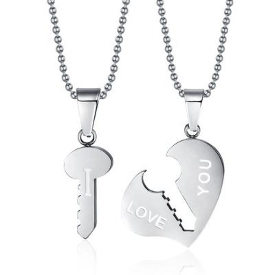 China Romantic Couples Lover Jewelry Stainless Steel Plated Heart Key Necklace “I love you” Engraved Silver/Black For Women Men for sale